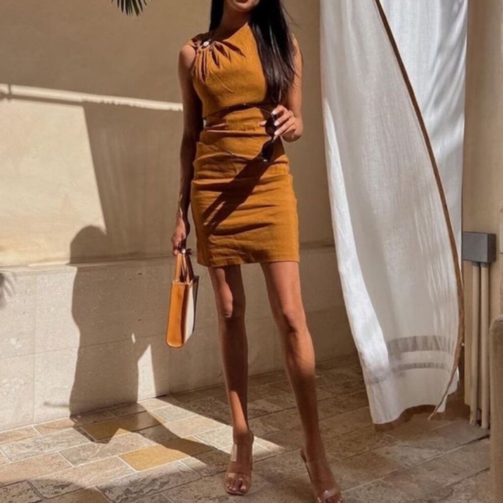 Zara Mustard copper brown dress linen blend fitted mother of Pearl ring size S